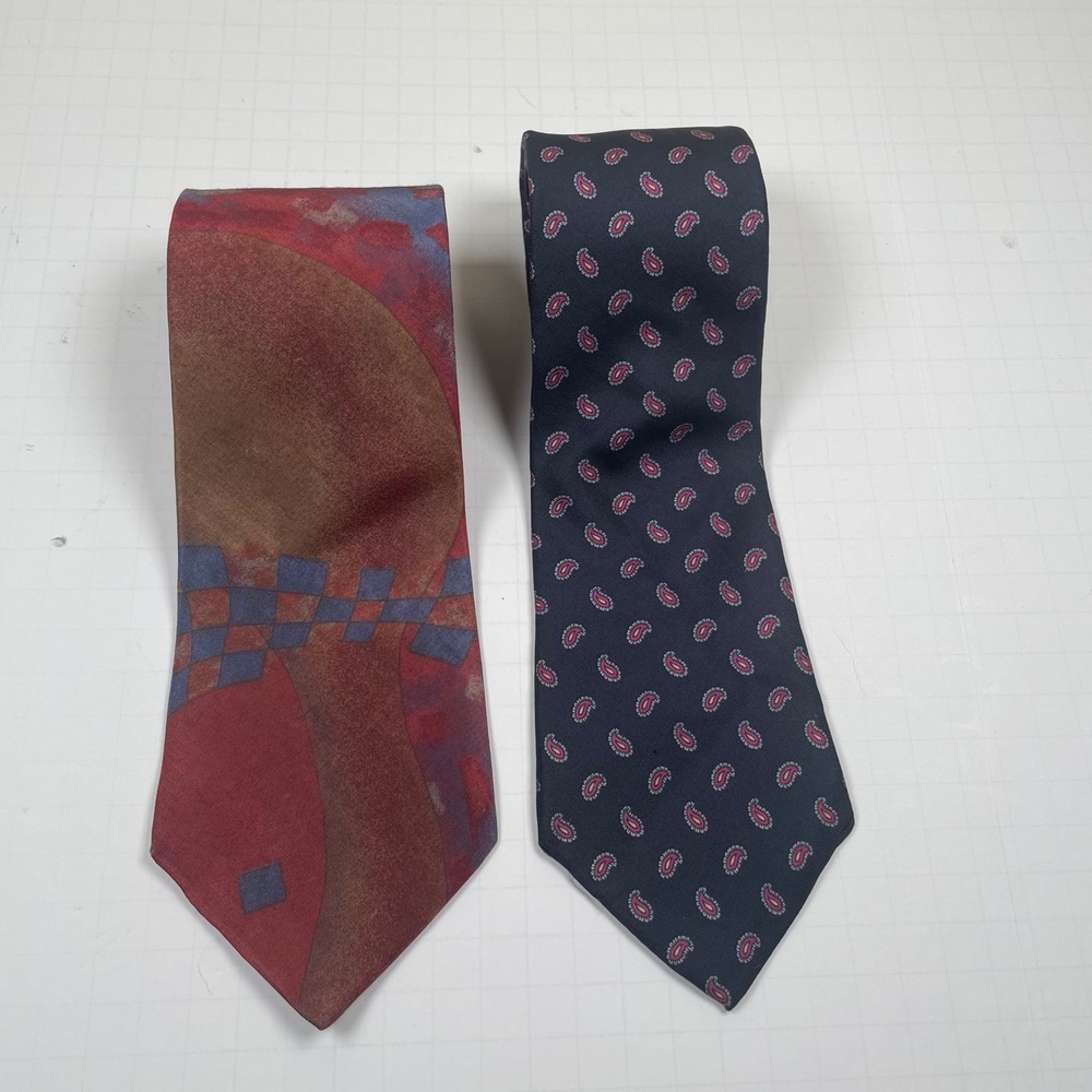 Halston Vintage Tie Duo 80s Abstract Red & Paisley Silk Neckties Made in USA